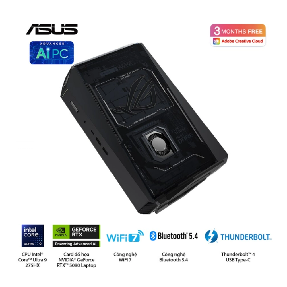 Máy bộ Asus Mini PC ROG NUC RNUC15JNK9X38AA3 (Ultra 9 275HX/ Ram 32GB/ SSD 2TB/ RTX 5070 Ti/ Windows 11 Home/ 3Y)