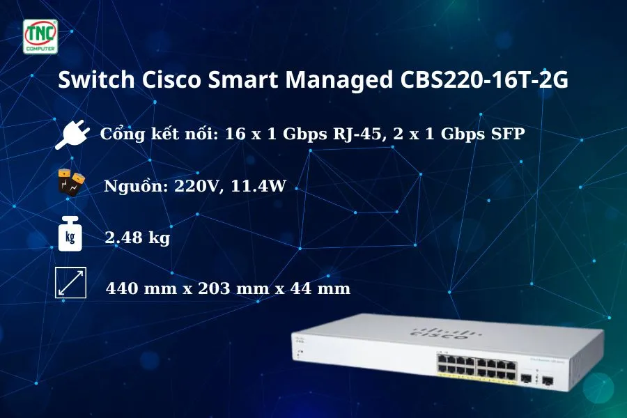 Switch Cisco Smart Managed CBS220-16T-2G (18 port/ 10/100/1000 Mbps/ SFP)