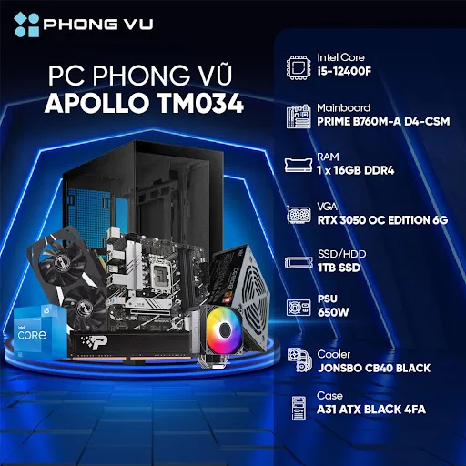 PC PV Gaming Apollo TM034 (Intel Core i5-12400F/ GeForce RTX 3050/ 1 x 16GB/ 1TB SSD/ Free DOS)