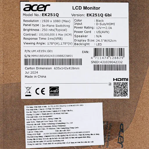 Màn hình Acer EK251Q G UM.KE1SV.G01 24.5 inch (Full HD/ IPS/ 120Hz/ 1 ms)