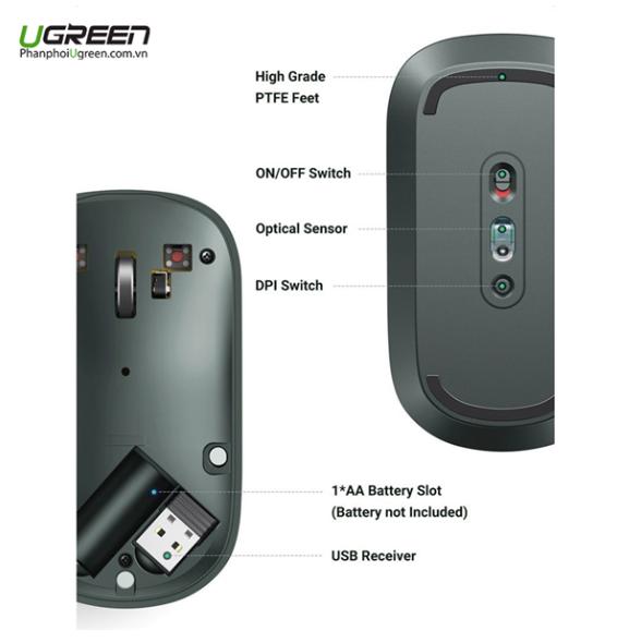 Ugreen 25163 màu đen 2.4G và Bluetooth Chuột không dây dùng cho máy tính laptop chất liệu nhựa ABS có kèm pin AA MU001 20025163