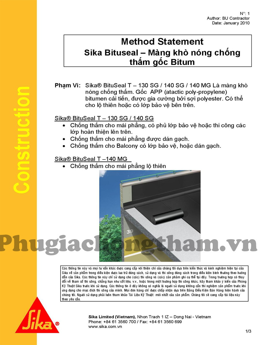 Thi công chống thấm sàn mái với sản phẩm Sika BituSeal T – 130 , Sika BituSeal T – 140