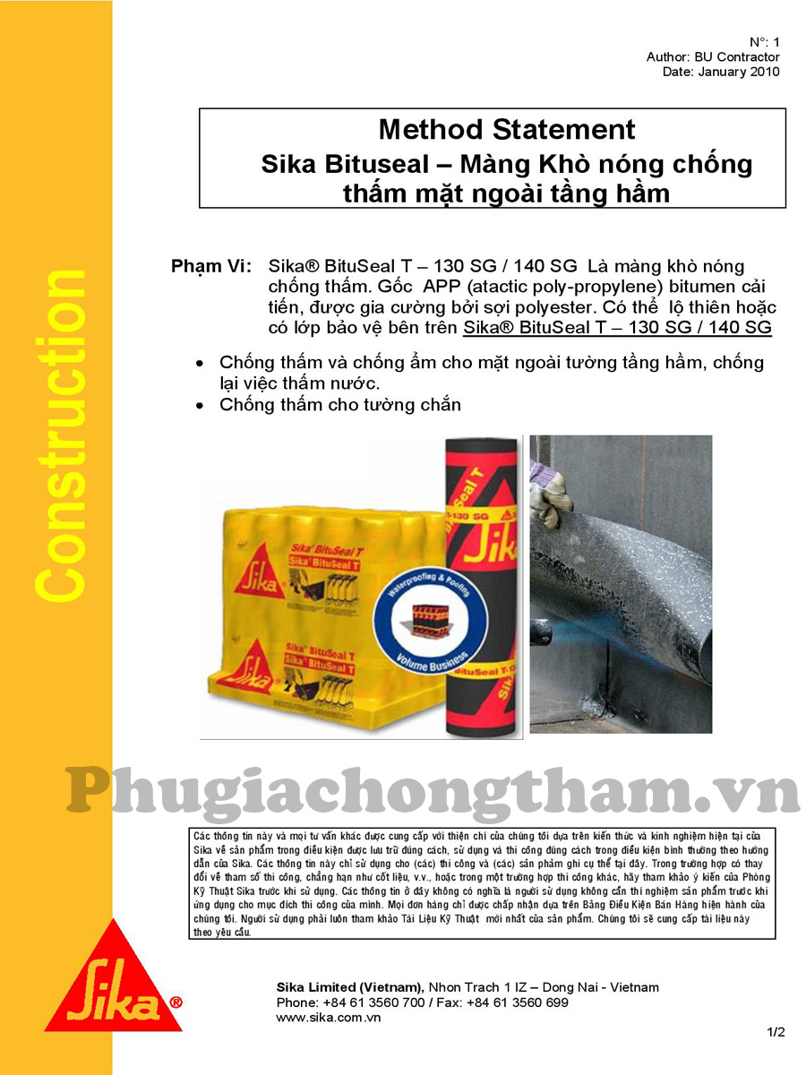 Màng Khò nóng Sika Bituseal chống thấm mặt ngoài tầng hầm