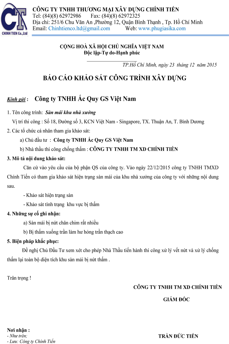 Khảo sát tư vấn xử lý chống thấm sân thượng công ty ắc quy GS Việt Nam