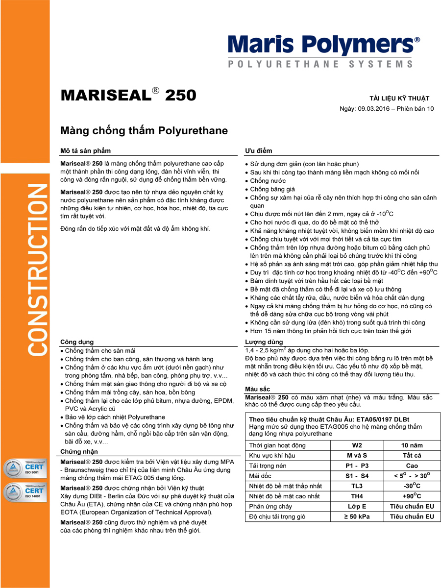 Tài liệu kỹ thuật sản phẩm phụ gia chống thấm gốc Polyurethane dạng lỏng MARISEAL 250