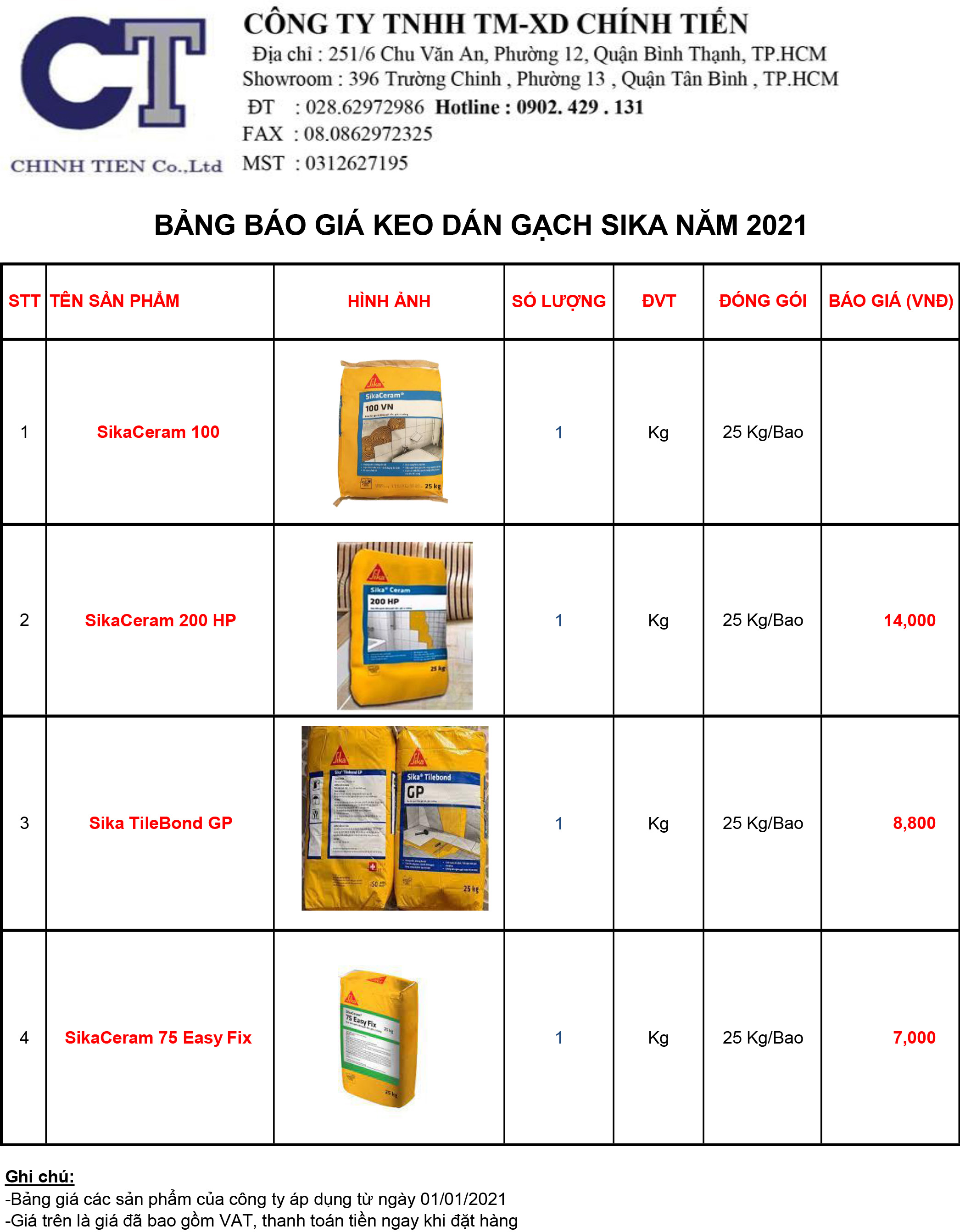 BÁO GIÁ KEO DÁN GẠCH SIKA NĂM 2021