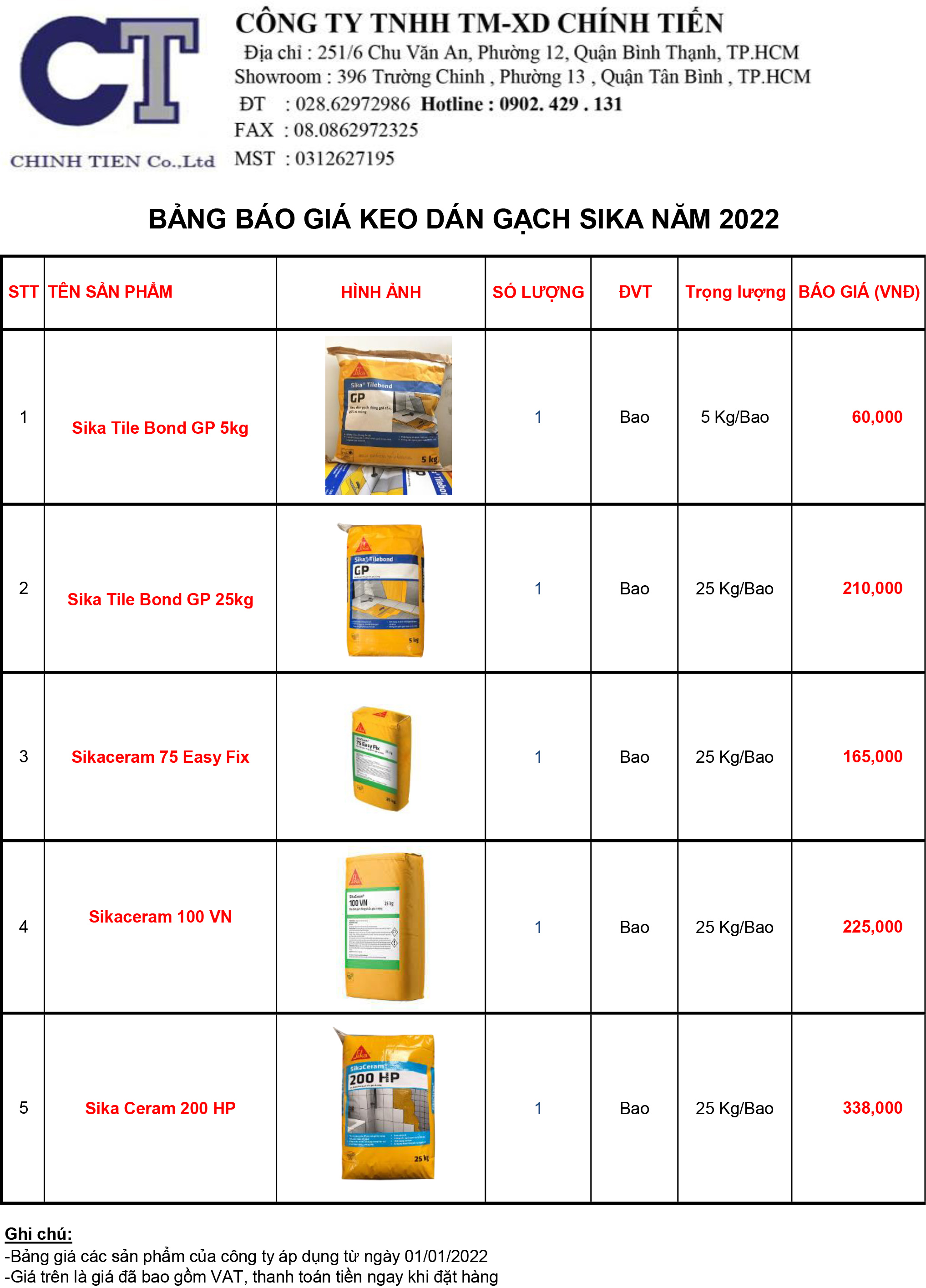 Báo giá keo dán gạch Sika Tilebond năm 2022