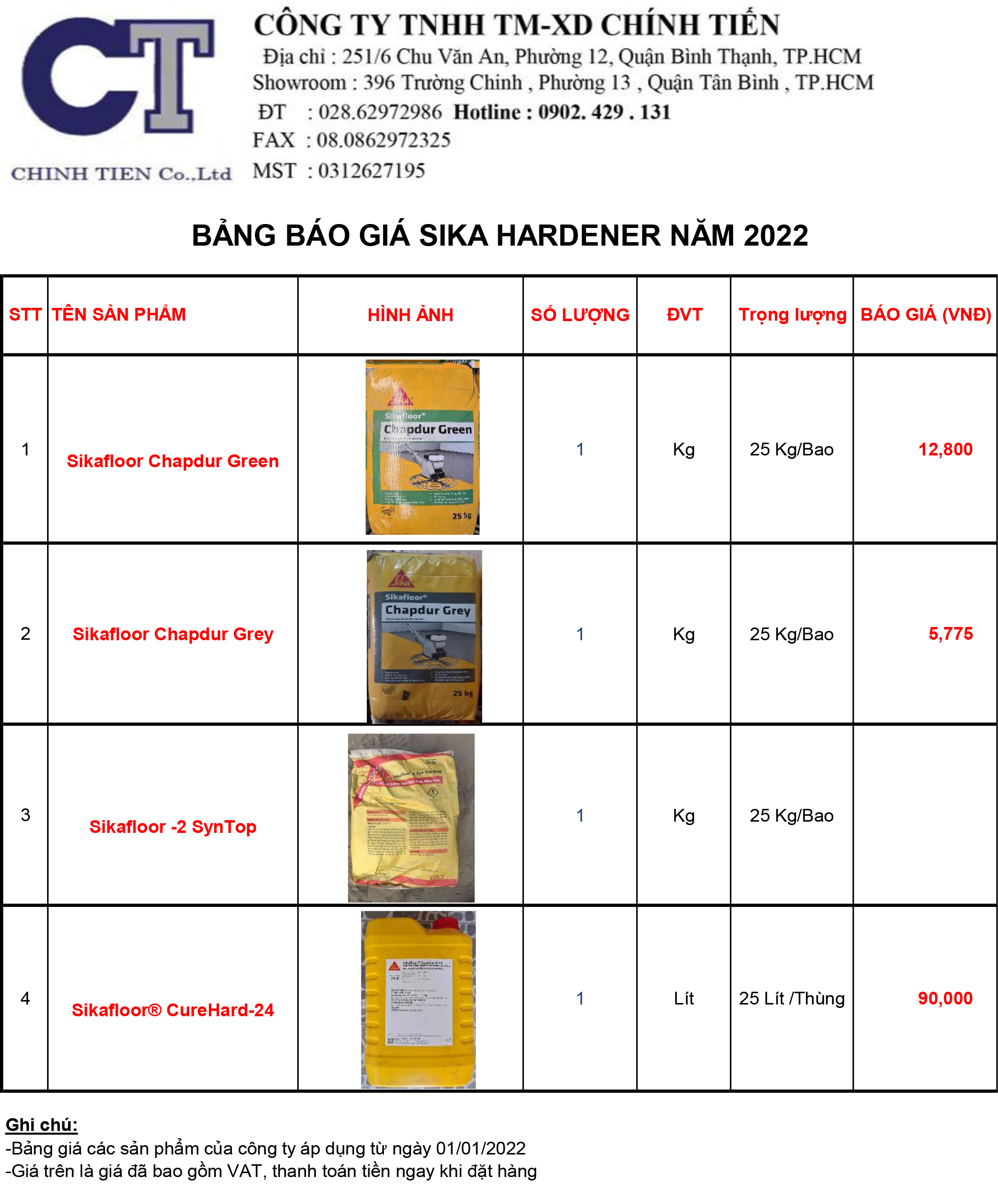 BẢNG BÁO GIÁ SIKA HARDENER NĂM 2022