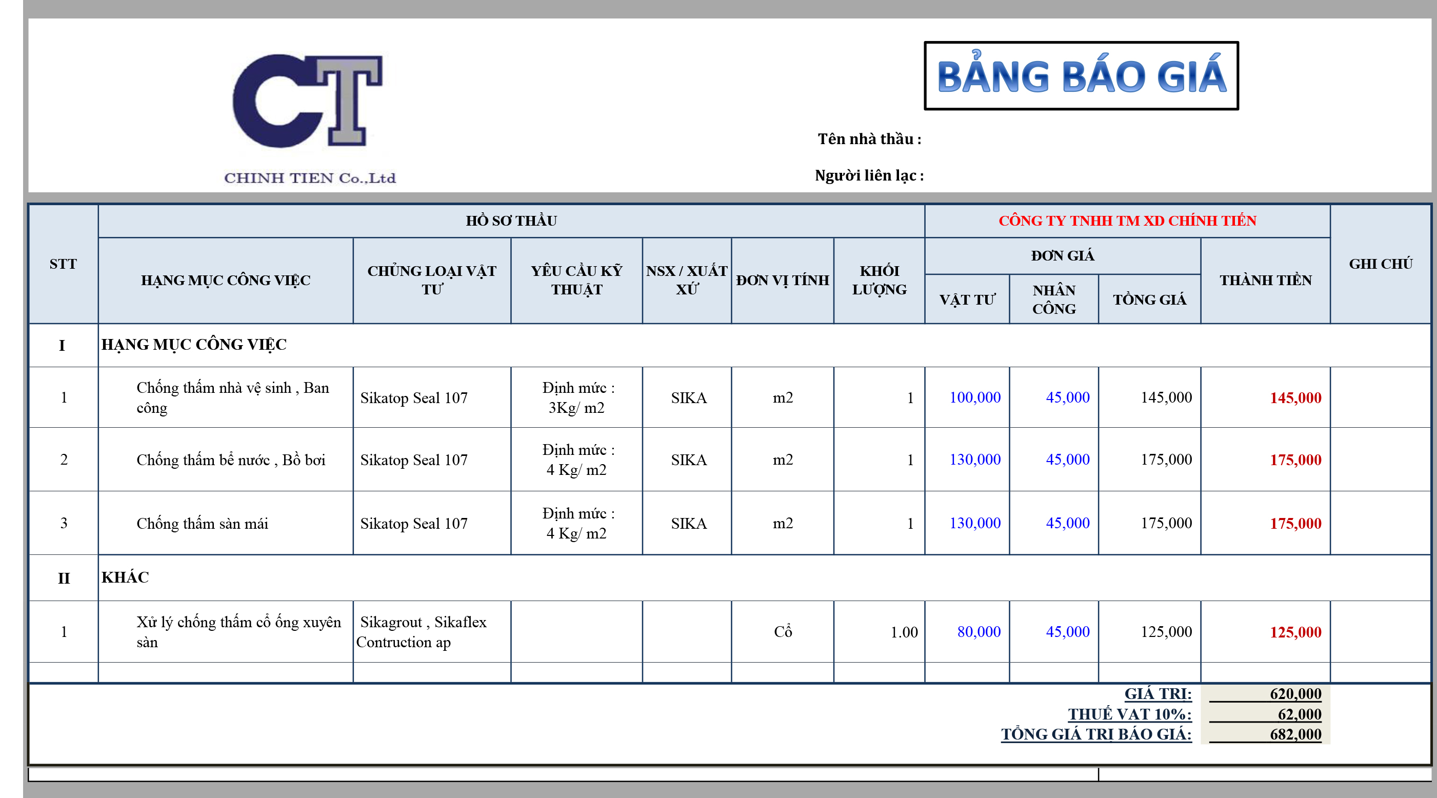 BÁO GIÁ THI CÔNG CHỐNG THẤM SIKATOP SEAL 107