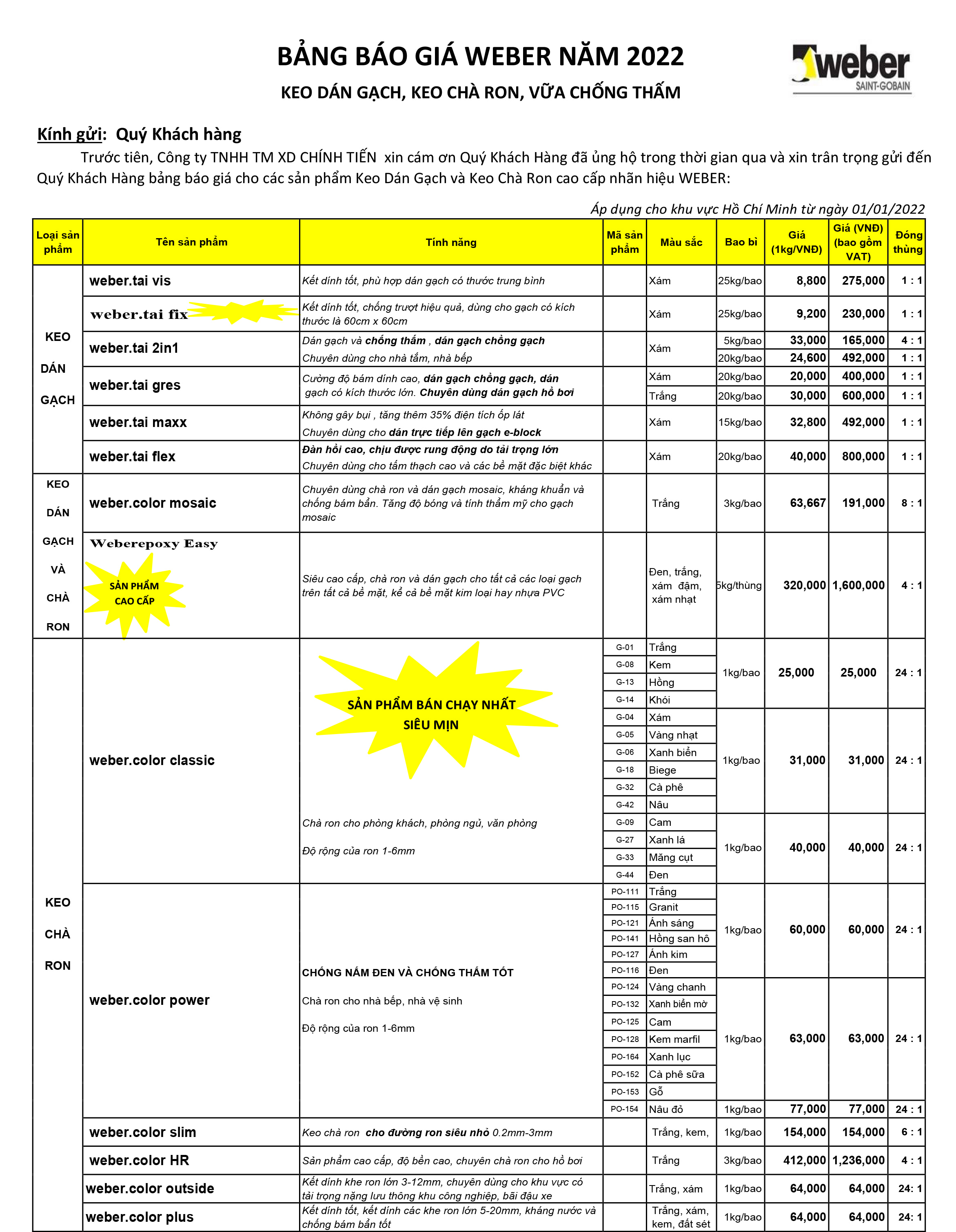 BẢNG BÁO GIÁ KEO DÁN GẠCH WEBER NĂM 2022