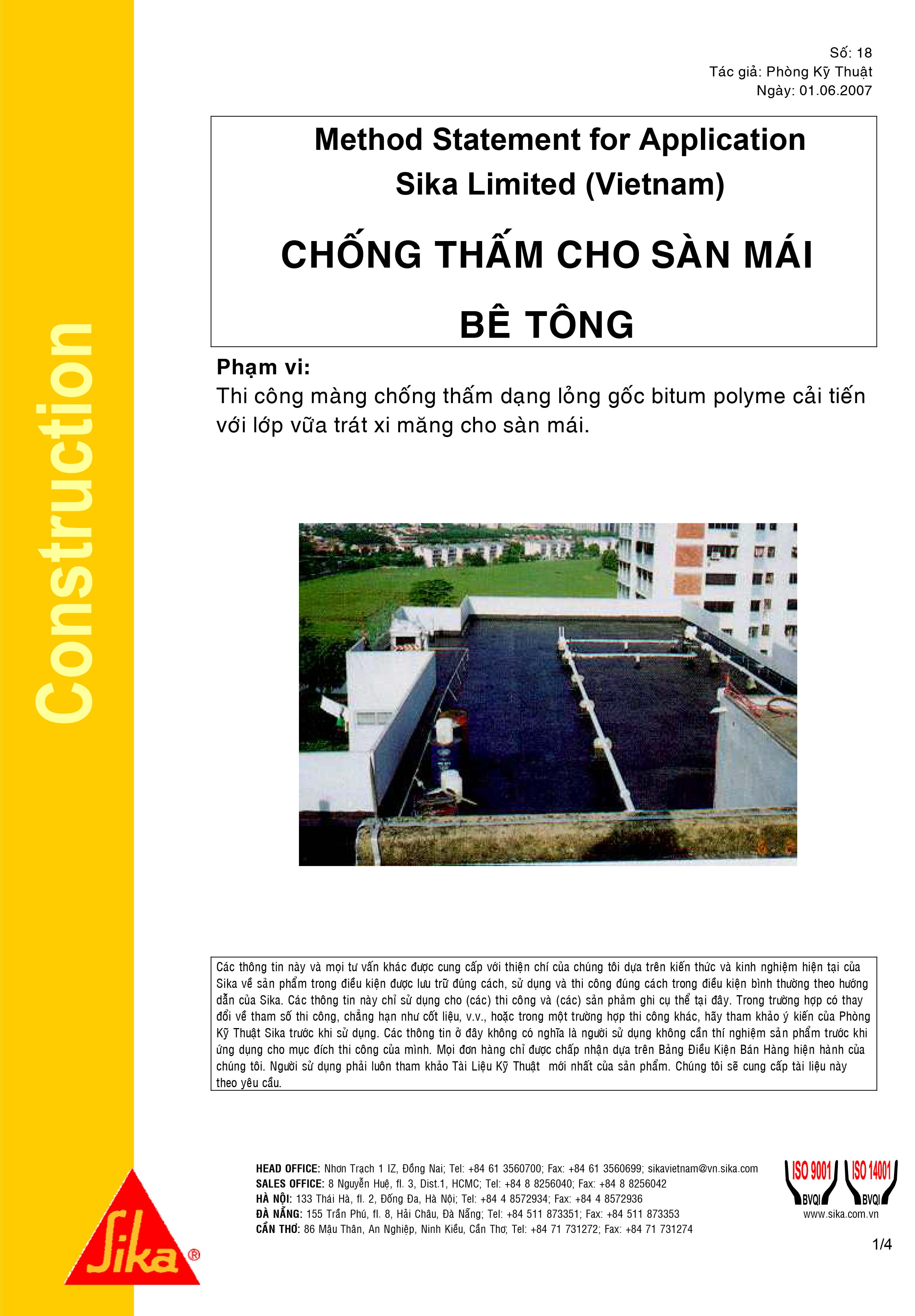 CHỐNG THẤM SÀN MÁI BÊ TÔNG SỬ DỤNG HỆ THỐNG SẢN PHẨM SIKA