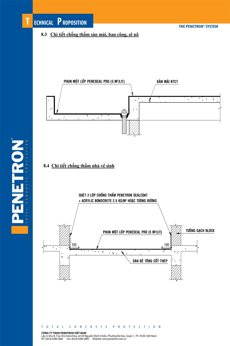 Chống thấm nhà vệ sinh , Sàn mái , Ban công sử dụng hệ thống sản phẩm của Penetron