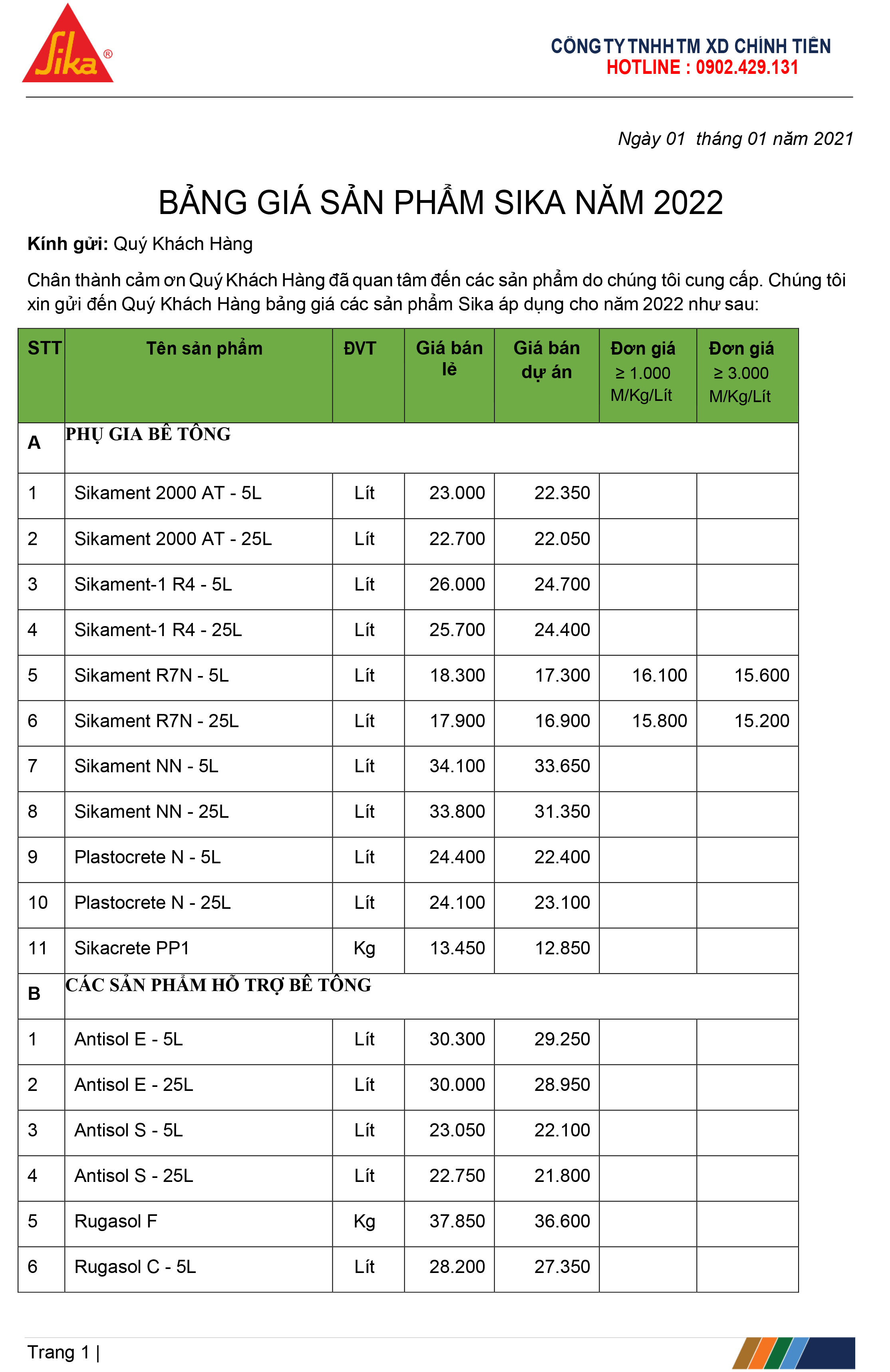 BẢNG BÁO GIÁ SIKA NĂM 2022