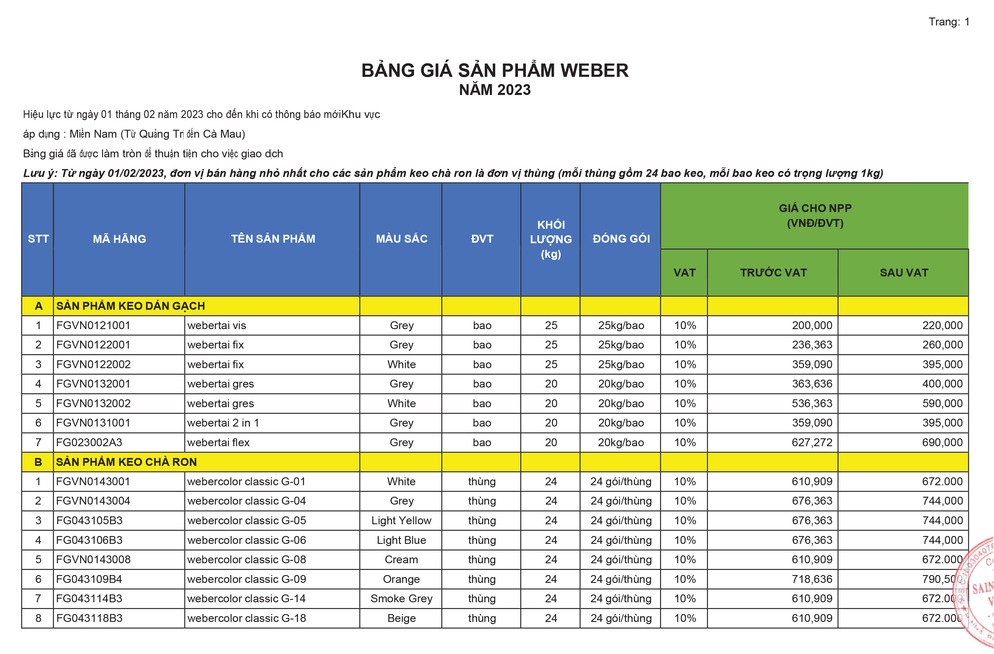 GIÁ KEO DÁN GẠCH WEBER NĂM 2023