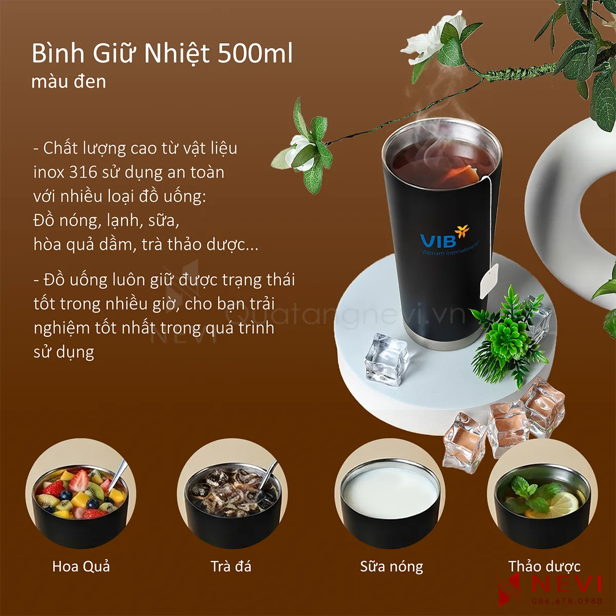 bình giữ nhiệt 500ml màu đen phù hợp sử dụng với nhiều loại đồ uống khác nhau