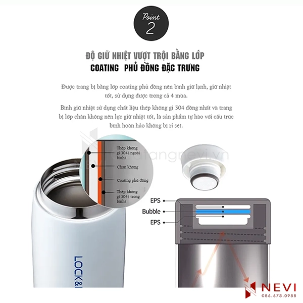 bình giữ nhiệt lock&lock Feather Light 450ml có cấu tạo nhiều lớp giữ nhiệt vượt trội, cung cấp bởi Quà tặng Nevi