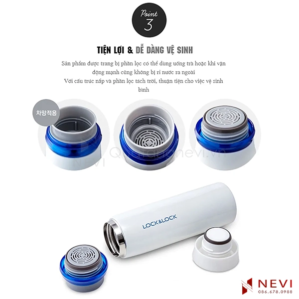 Bình giữ nhiệt lock&lock Feather Light 450ml có cấu tạo lưới lọc trà tiện lợi, dễ tháo rời vệ sinh, cung cấp bởi Quà tặng Nevi