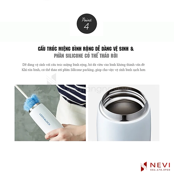 Bình giữ nhiệt lock&lock Feather Light 450ml có thiết kế miệng rộng dễ dàng vệ sinh bên trong, cung cấp bởi Quà tặng Nevi