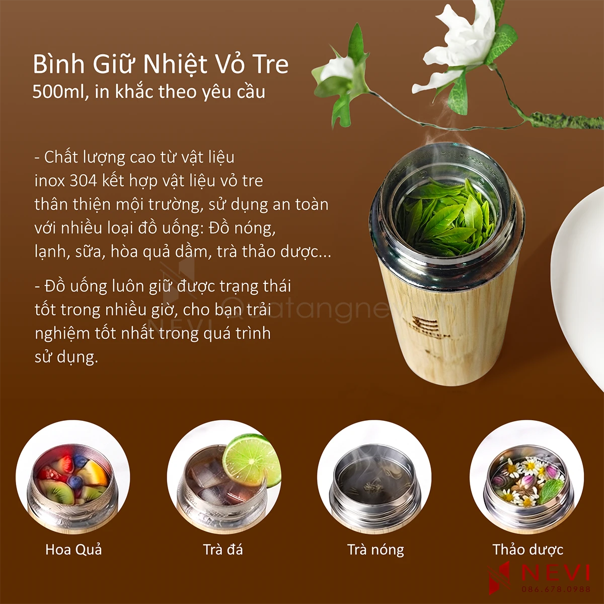 bình giữ nhiệt vỏ tre khắc tên có ruột bằng inox 304 phù hợp với nhiều loại đồ uống