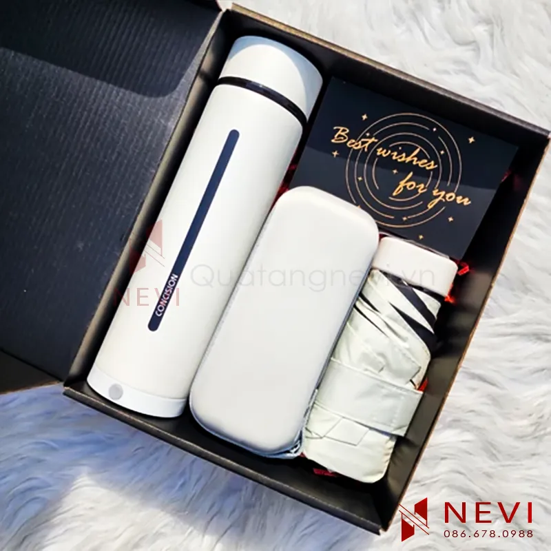 bộ quà tặng bình giữ nhiệt có chức năng hiện nhiệt độ và hộp chứa viên nang cùng ô gấp gọn cung cấp bởi Quà tặng Nevi
