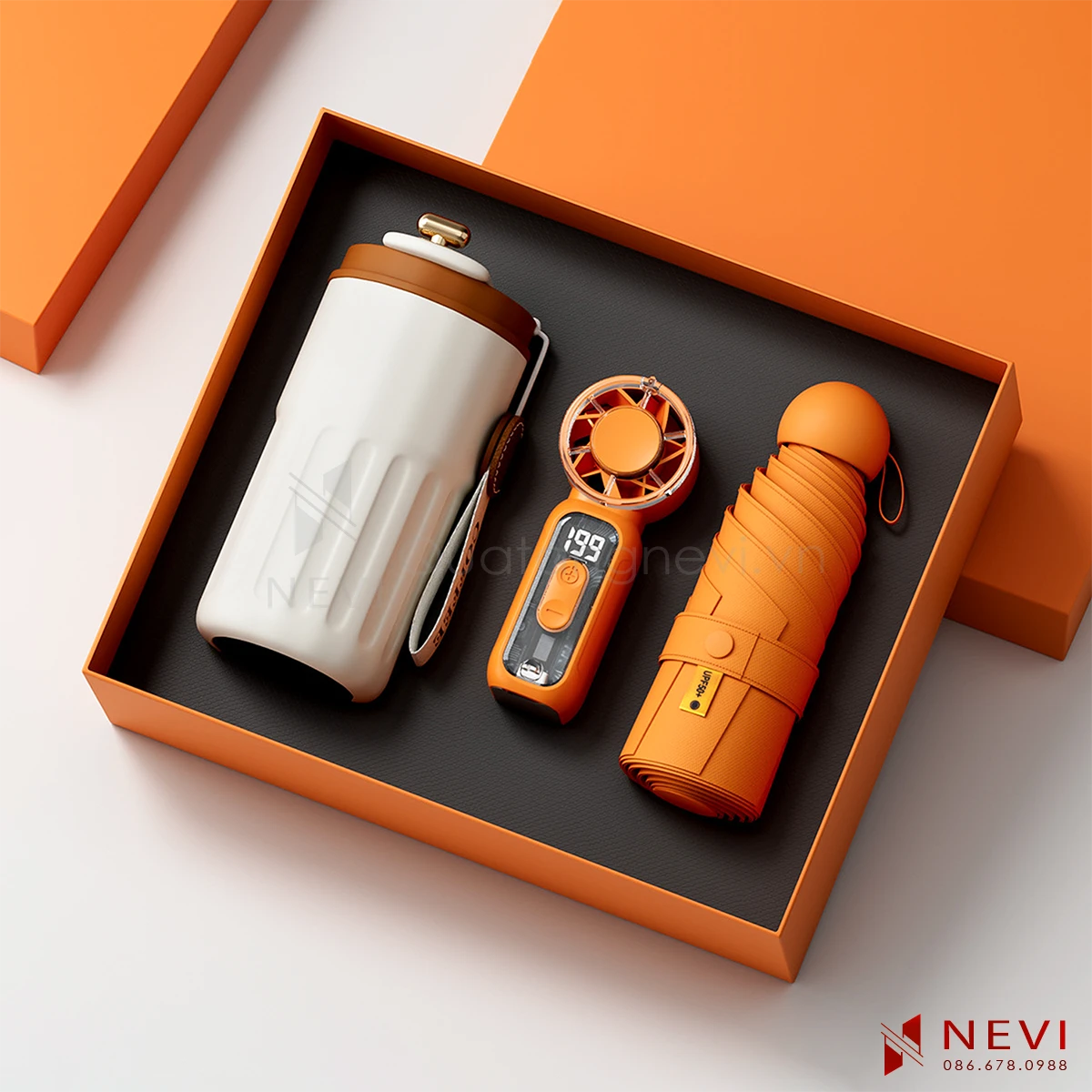 bộ quà tặng từ ô gấp gọn, quạt mini và bình giữ nhiệt inox 316 hiển thị nhiệt độ