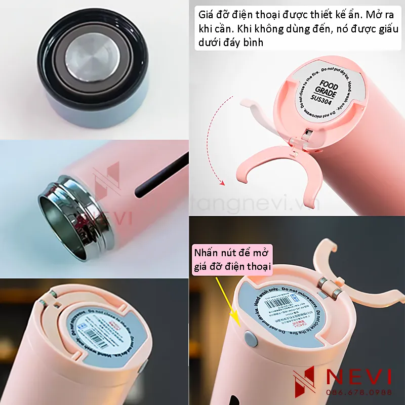 ảnh minh họa chất lượng hoàn thiện các bộ phận và cách sử dụng giá đỡ điện thoại của bình giữ nhiệt hiển thị nhiệt độ cung cấp bởi Quà tặng Nevi