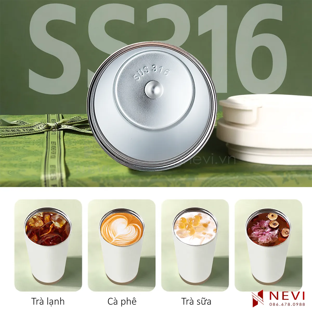 cốc giữ nhiệt inox 316 màu trắng phù hợp với nhiều loại đồ uống khác nhau