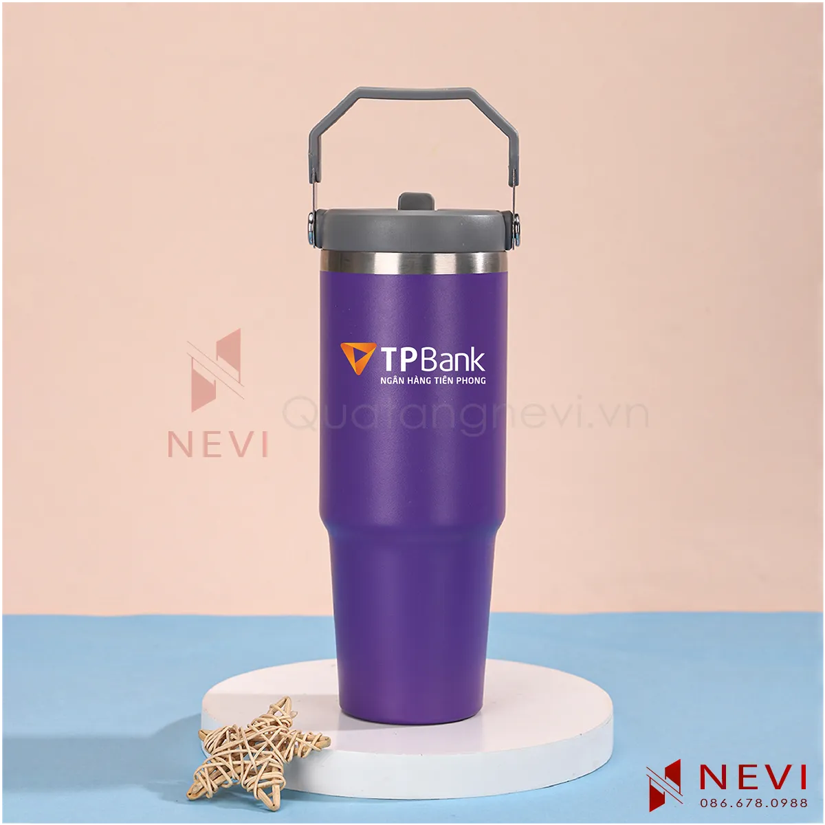 ly giữ nhiệt có quai xách màu tím in logo tại quà tặng nevi