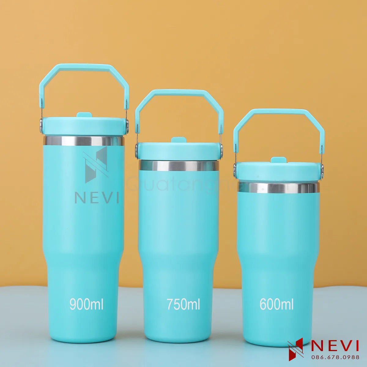 cốc giữ nhiệt có quai xách màu xanh min tại quà tặng nevi