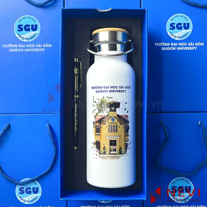 bộ quà tặng bình giữ nhiệt và bút ký có hộp sang trọng làm quà tặng kỷ niệm ngày thành lập trường, cung cấp bởi Quà tặng Nevi