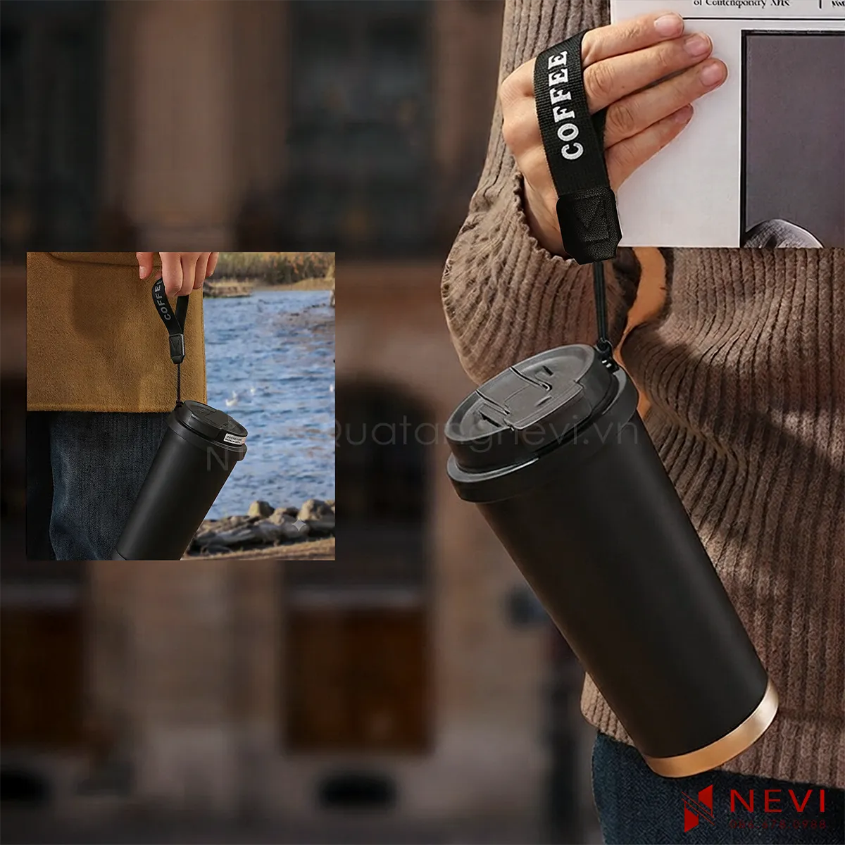 bình giữ nhiệt 500ml màu đen sử dụng hàng ngày tiện lợi với quai xách