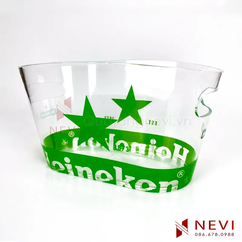 mẫu xô đá ướp bia rượu bằng nhựa trong suốt in logo bởi quà tặng nevi