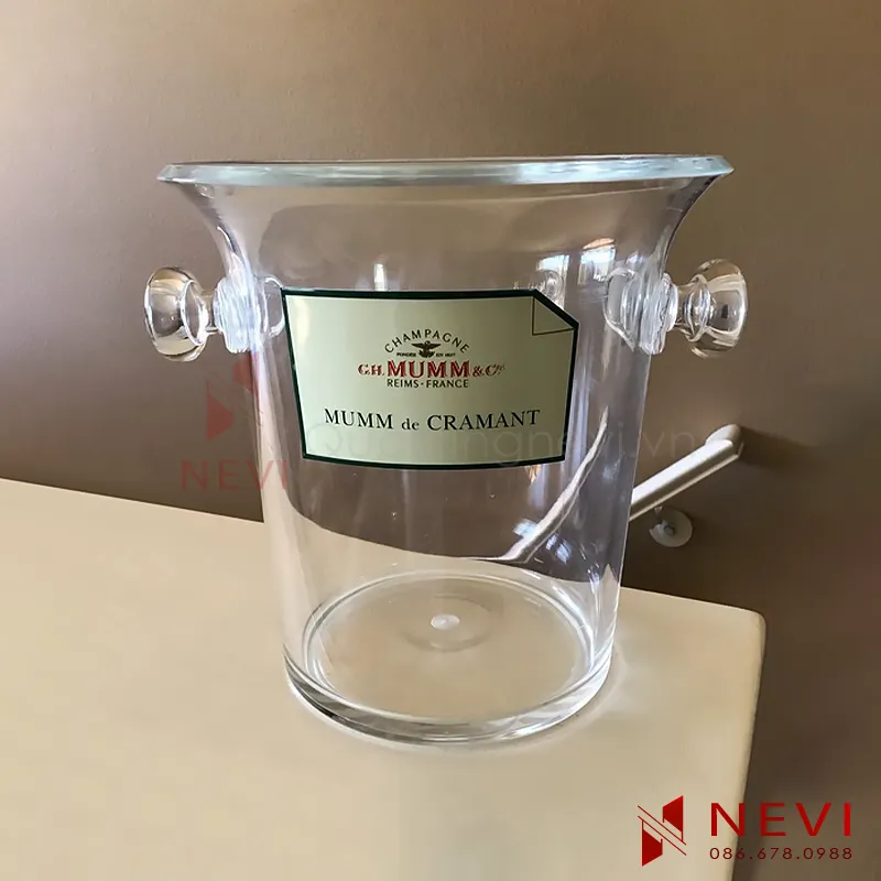 xô đá nhựa 2 quai xách trong suốt in logo