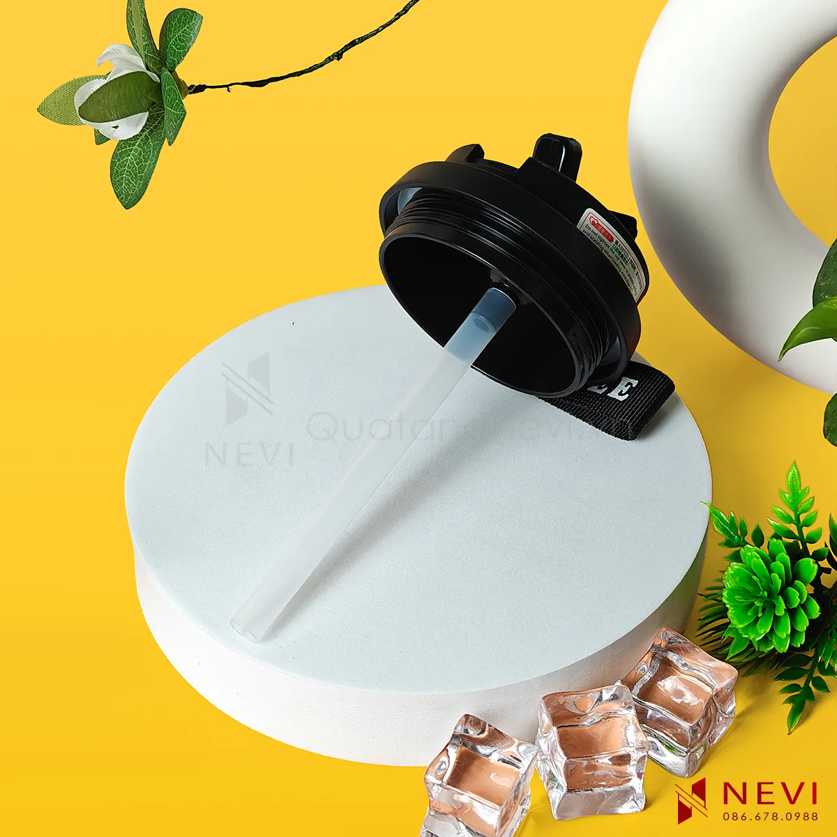 nắp bình giữ nhiệt 500ml màu đen kết hợp ống hút silicon
