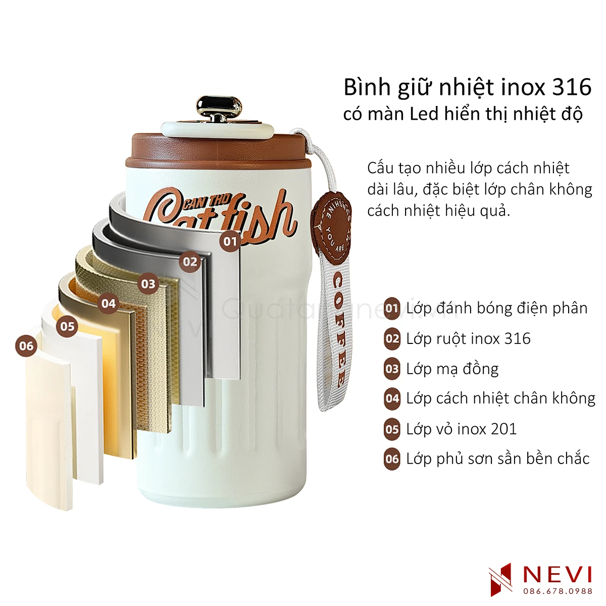 bình giữ nhiệt inox 316 hiển thị nhiệt độ cấu tạo nhiều lớp cách nhiệt hiệu quả