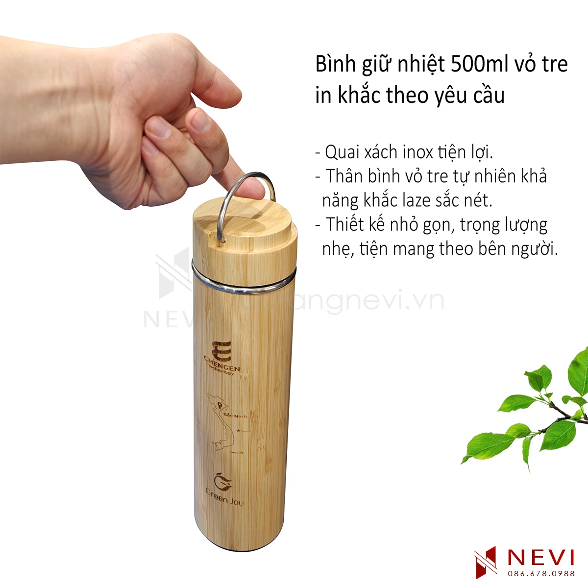 bình giữ nhiệt vỏ tre khắc tên có quai xách inox tiện lợi