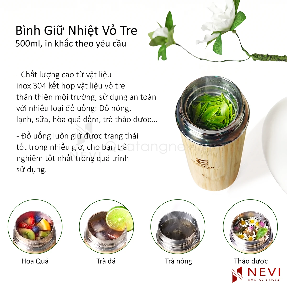 bình giữ nhiệt vỏ tre khắc tên phù hợp với nhiều loại đồ uống khác nhau