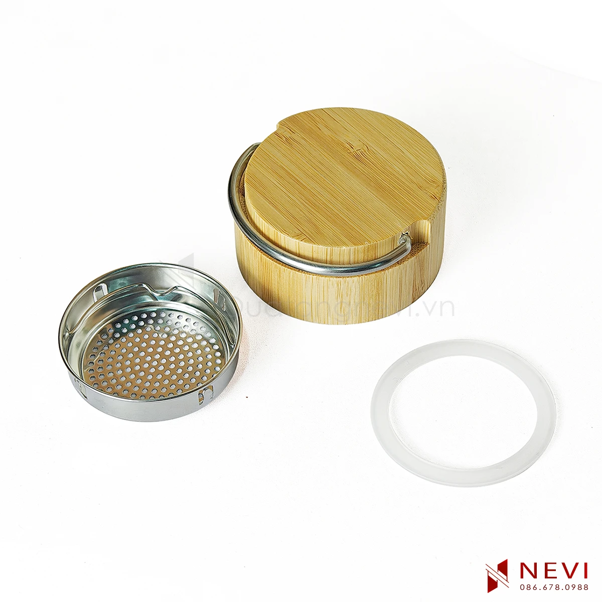 nắp nhựa vỏ tre, lưới lọc và zoăng silicon của bình giữ nhiệt vỏ tre khắc tên