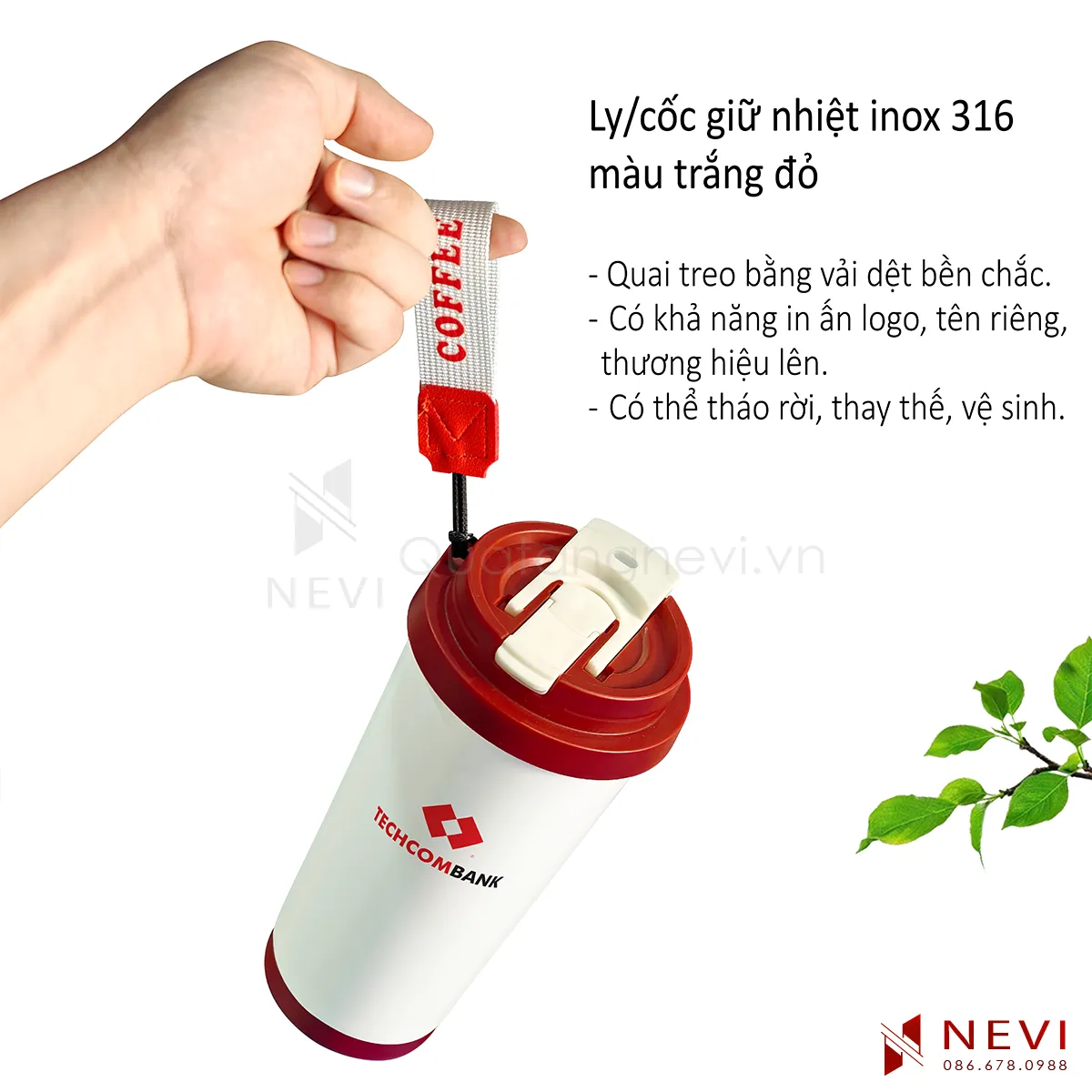 cốc giữ nhiệt inox 316 có quai treo bằng vải dệt bền chắc