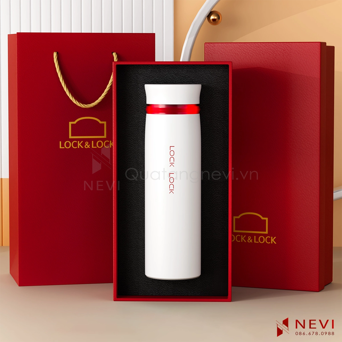 hộp quà tặng bình giữ nhiệt lock&lock Feather Light màu trắng đỏ cao cấp, cung cấp bởi Quà tặng Nevi