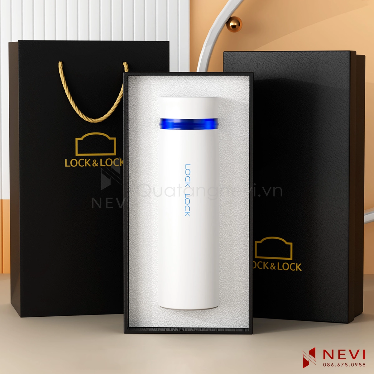 hộp quà tặng bình giữ nhiệt lock&lock Feather Light màu trắng xanh cao cấp, cung cấp bởi Quà tặng Nevi