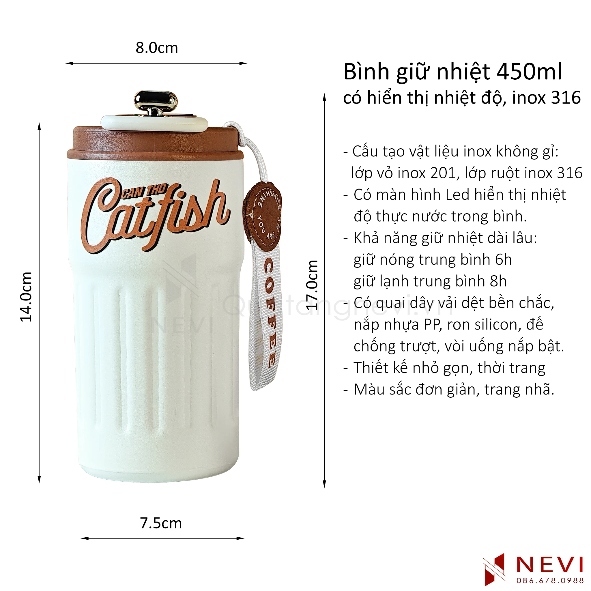 kích thước và thông tin chi tiết bình giữ nhiệt inox 316 hiển thị nhiệt độ