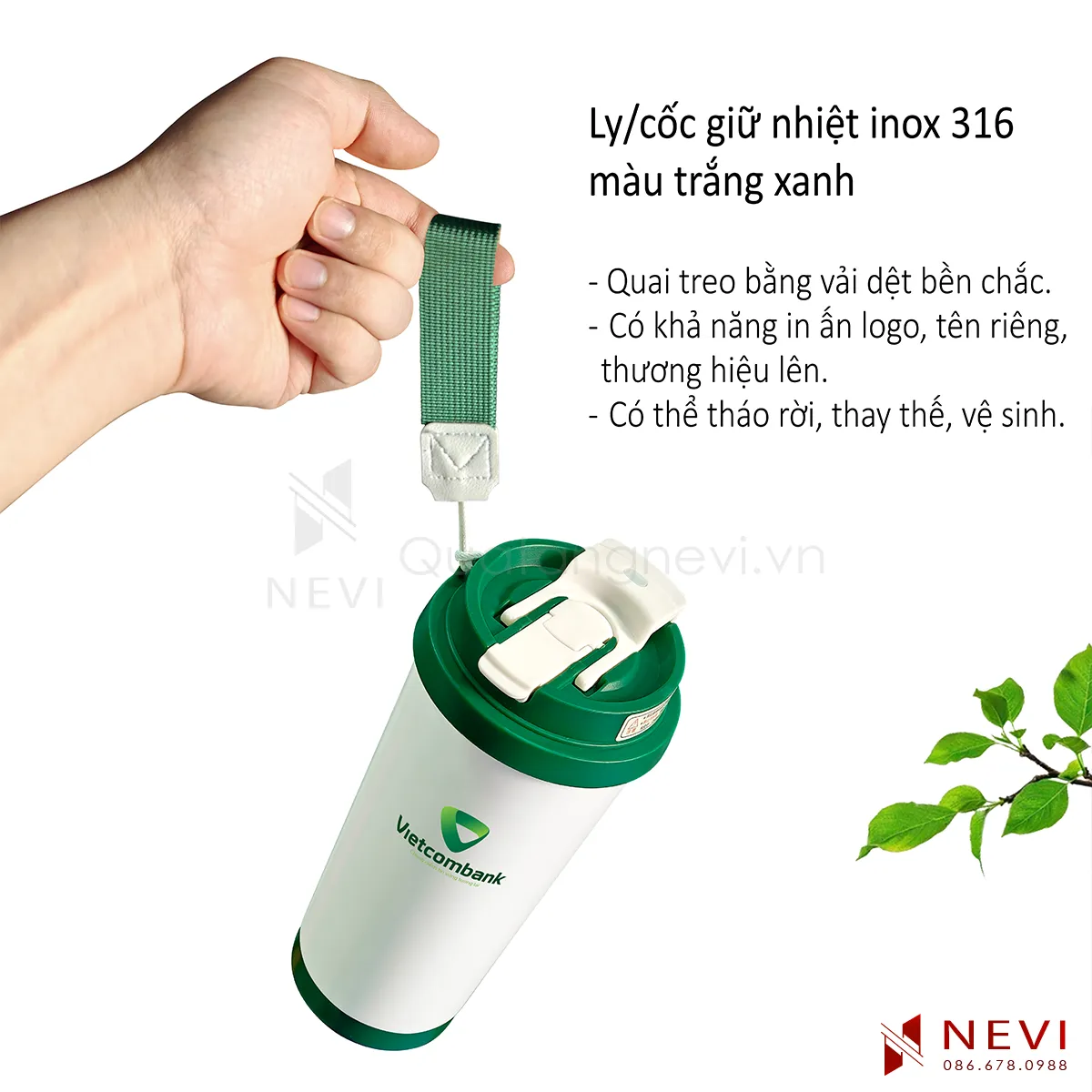 ly giữ nhiệt inox 316 có quai xách bằng vải dệt bền chắc và thời trang