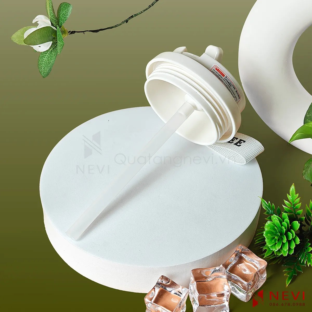 nắp cốc giữ nhiệt inox 316 màu trắng kết hợp ống hút silicon