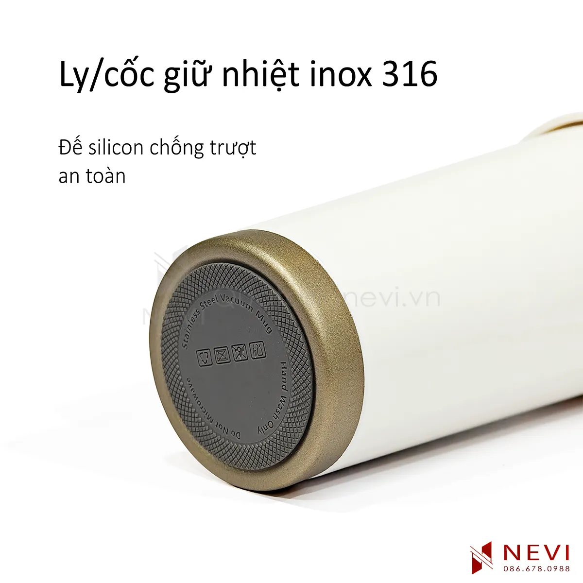 chi tiết đế silicon chống trượt của cốc giữ nhiệt inox 316 màu trắng