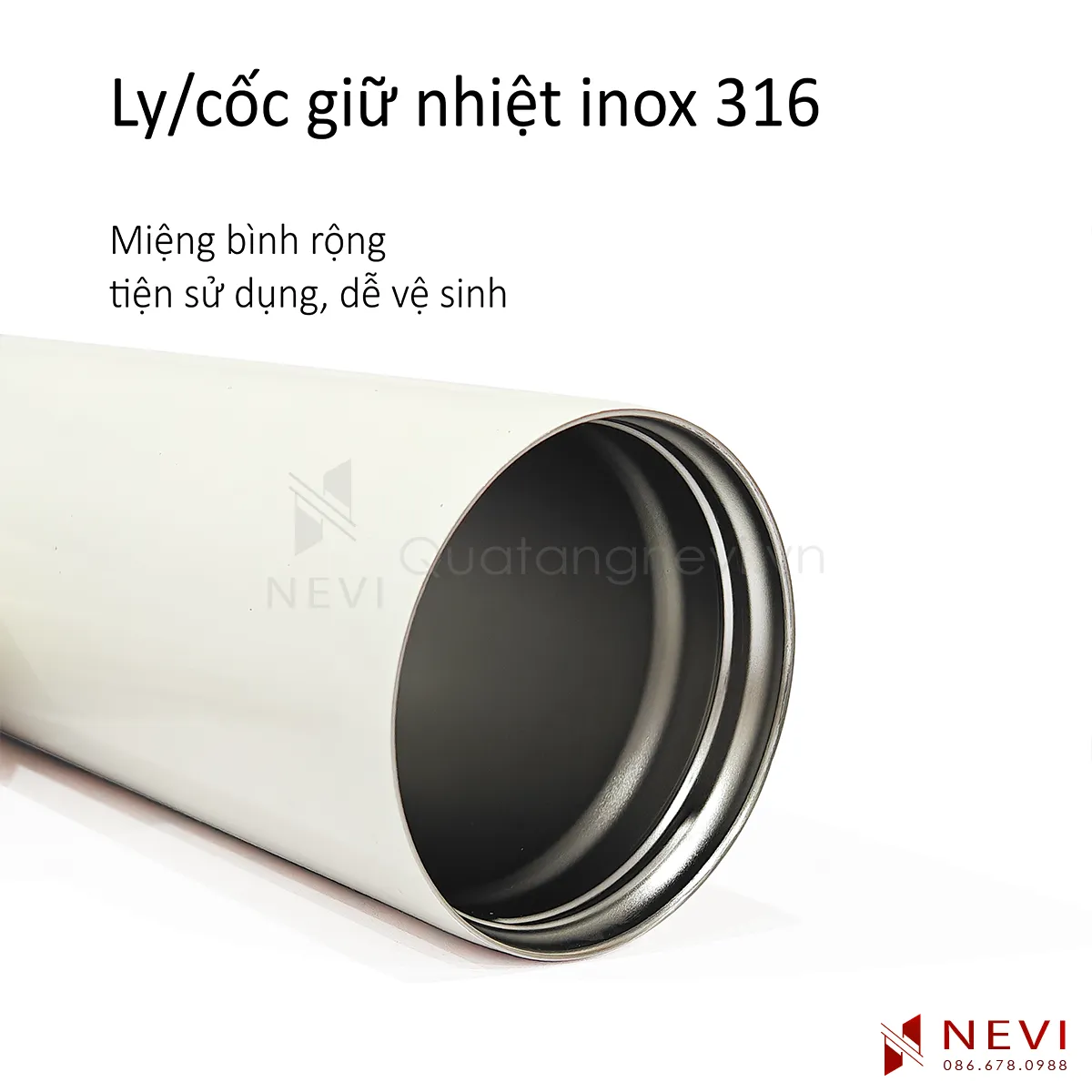 chi tiết miệng và ren xoáy nắp của cốc giữ nhiệt inox 316 màu trắng