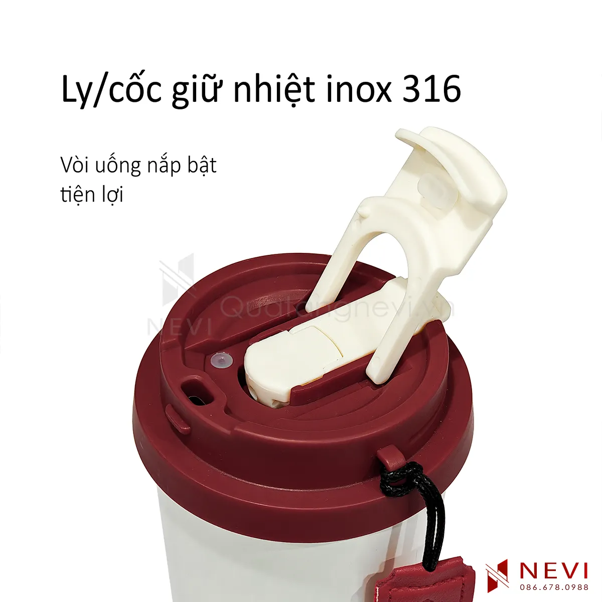 ảnh chụp chi tiết vòi uống nắp bật của cốc giữ nhiệt inox 316