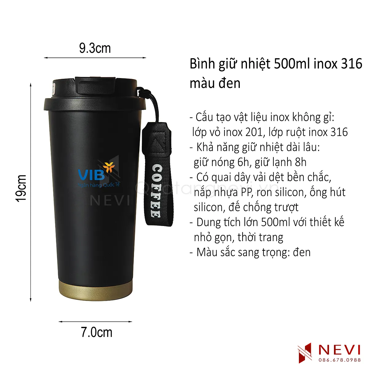 kích thước và thông tin chi tiết bình giữ nhiệt 500ml màu đen