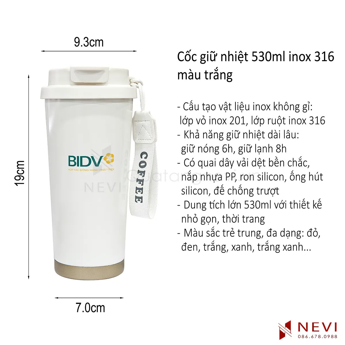 kích thước và thông tin chi tiết cốc giữ nhiệt inox 316 màu trắng
