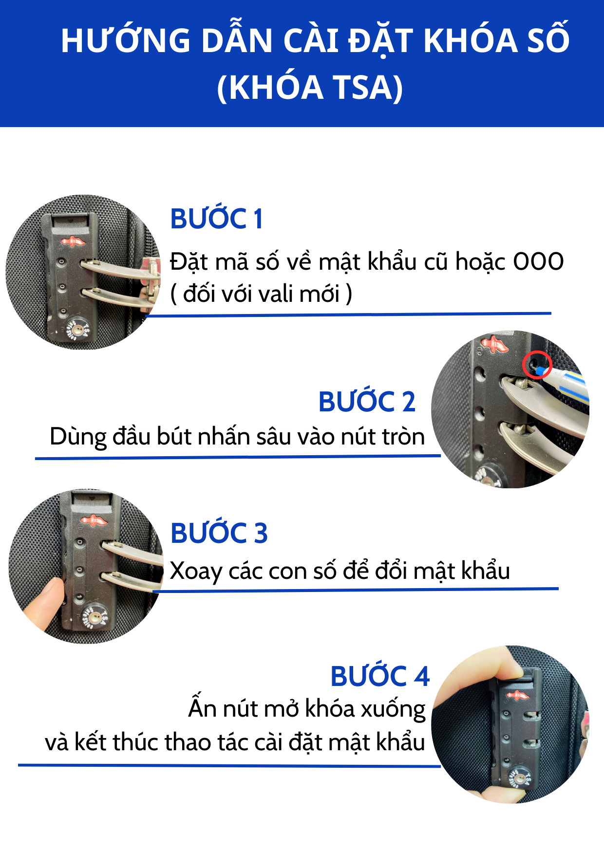 Cách đặt lại mật khẩu vali theo hướng dẫn trên ảnh